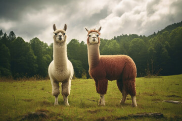 A pair of llamas in the green pasture