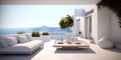 Luxury apartment terrace Santorini Interior of modern living room sofa or couch with beautiful sea view. Generative AI, Generative AI