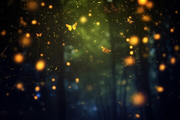 Abstract and magical image of Firefly flying in the night forest. Fairy tale concept, Generative AI - obrazy, fototapety, plakaty