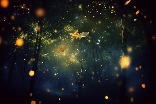 Abstract and magical image of Firefly flying in the night forest. Fairy tale concept, Generative AI