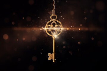 Golden key with glowing lights and dark background, wisdom, wealth, and spiritual concept, Generative AI - obrazy, fototapety, plakaty