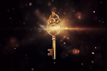 Golden key with glowing lights and dark background, wisdom, wealth, and spiritual concept, Generative AI