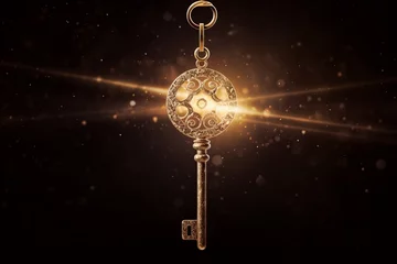 Fotobehang Golden key with glowing lights and dark background, wisdom, wealth, and spiritual concept, Generative AI © Frame Fusion