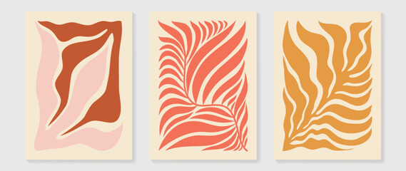 Fototapeta na wymiar Set of abstract wall art vector background. Wall decor design with colorful, organic shapes, flower, coral, leaves. Abstract painting for wall decoration, interior, prints, cover, and postcard.
