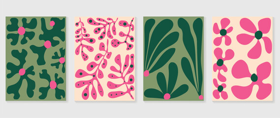 Set of abstract wall art vector background. Wall decor design with colorful, organic shapes, flower, coral, leaves. Abstract painting for wall decoration, interior, prints, cover, and postcard.