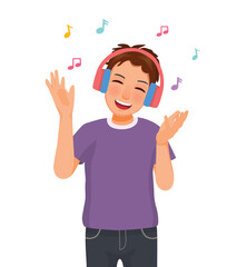 Fototapeta na wymiar Happy young man listening to music using headphone singing with hand expressions