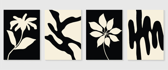 Set of abstract wall art vector background. Wall decor design with monochrome, organic shapes, flower, foliage, vase. Abstract painting for wall decoration, interior, print, cover, and postcard.