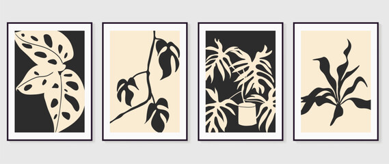 Set of abstract wall art vector background. Wall decor design with monochrome, organic shapes, foliage, vase. Abstract painting for wall decoration, interior, print, cover, and postcard.