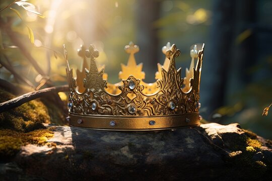 mysterious and magical photo of gold king crown in the woods over stone. Medieval period concept, Generative AI