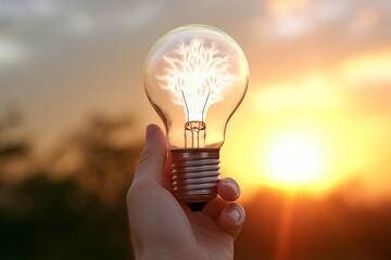 Hand holding light bulb with the text new mindset in front of the bright sun, Generative AI