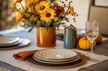 Thanksgiving table setting with pumpkins, generative ai image of elegant dining arrangement.