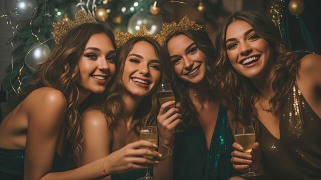 group of girls, make it inclusive to in festive dressess and shoes and jewelry and makeup for NYE party generative ai