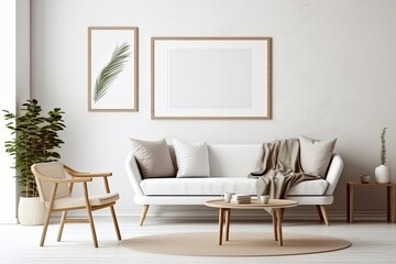 Blank horizontal poster frame mock up in minimal Scandinavian white style living room interior, modern living room interior background, Generative AI