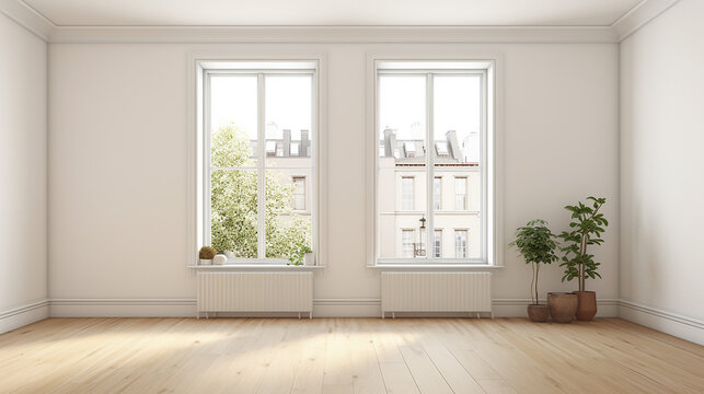 An empty modern room in an urban apartment with plain windows. Generative AI