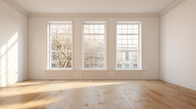 An empty modern room in an urban apartment with plain windows. Generative AI