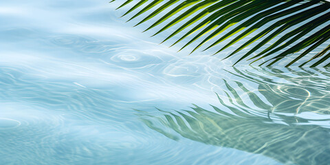 Fototapeta na wymiar palm leaf shadow on rippled light blue water surface with reflections of sunshine, abstract water texture background concept for refreshment in summertime with copy space