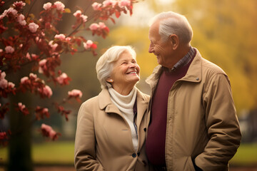 portrait of happy mature retired couple in park enjoying retirement