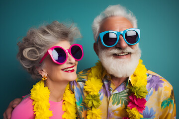 studio portrait of happy mature retired couple wearing colourful sunglasses enjoying retirement