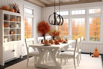 Thanksgiving table setting with pumpkins, generative ai image of elegant dining arrangement.