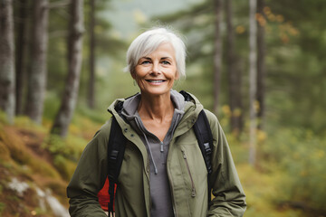happy retired senior woman hiking in forest enjoying retirement - obrazy, fototapety, plakaty