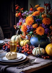 Thanksgiving table setting, elegant dinner table with pumpkins and candles generative ai.