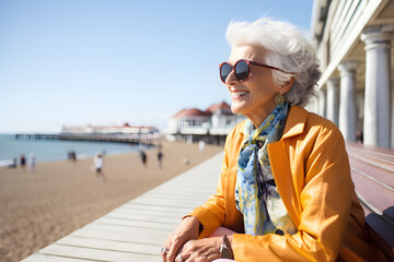 Fototapeta na wymiar happy retired senior woman walking along seafront promenade enjoying retirement