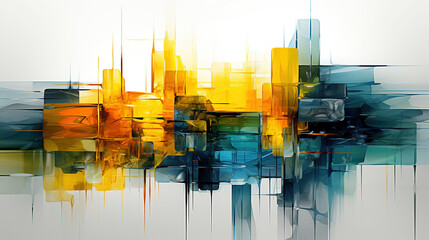 Abstract Art of Green, Yellow, Black and Blue Color Lines and Square Boxes Draw With Thick Paint Brush Strokes