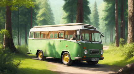 A mini bus on a summer with forest background. Generative AI.