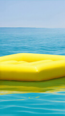 Floating yellow inflatable mattress over sea. Generative AI.