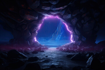 Fototapeta premium Abstract portal stone gate with neon circle glowing light in the dark space landscape of cosmic, rocky mountain stone field, spectrum light effect