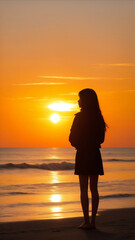 Silhouette of girl standing on beach when sunset looking at back