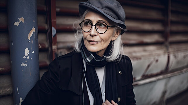 Hipster senior woman wearing glasses and fashionable hat outdoors portrait.