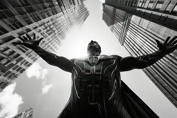 Dramatic Ascent: Low-Angle Black and White Capture of Superhero Photographer Eyeing Skyscraper
