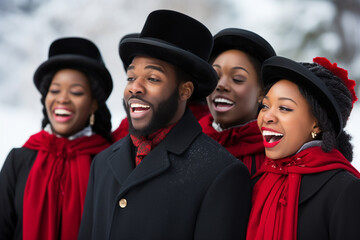 Obraz premium Group of chrismast carollers singing christmas songs outdoors. 