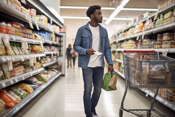 Customer shopping for groceries in a large grocery store. 