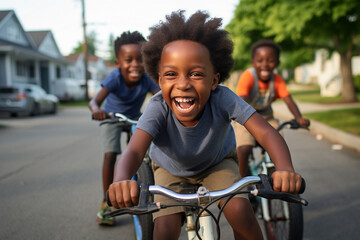 Obraz premium Kids cycling on a residential street. 