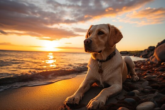 Dog on the beach with sunset in the background
