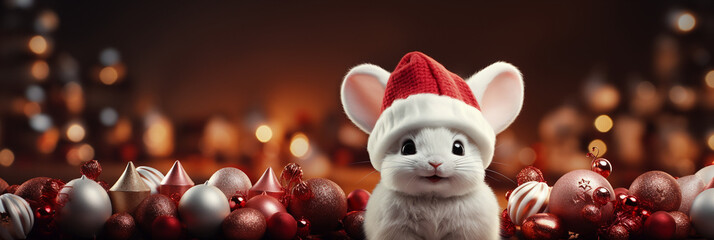 Süße kleine Maus mit Weihnachtsmütze und Bokeh Lichter als Hintergrund für Kalender und Poster Nahaufnahme, ai generativ - obrazy, fototapety, plakaty