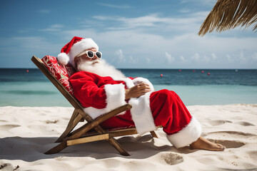 Santa Claus relaxing on a beach after the Christmas Holiday season. 