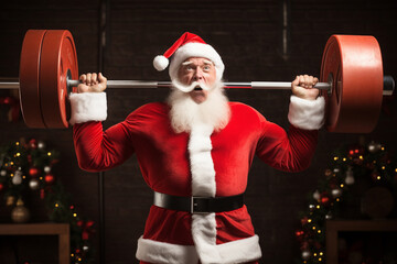 Santa Claus lifting weights to get ready for Christmas. 