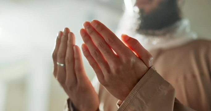 Mosque, prayer and hands of Islamic man with dua, mindfulness and gratitude in faith. Worship, religion and Muslim teacher in holy temple praise, spiritual teaching and peace Ramadan in Morocco.