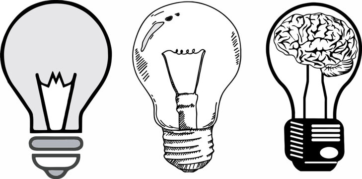Hand drawn Light bulbs with brain and drawing business strategy plan. Sketch brain data and start up concept. Editable Vector illustration in cartoon style. eps 10.