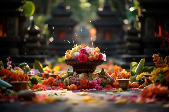 Balinese Offering With Colorful Symbolic Items, Generative AI