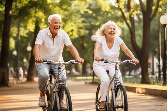 Joyful Senior Duo Enjoying Bicycle Ride In Bustling Public Park
