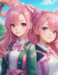 Two anime girls with pink hair and a pink ribbon on their head. Generative AI.