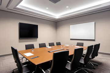 An Elegant and empty meeting boardroom with presentation. A conference table with a big TV screen. Side view