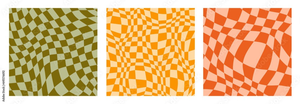Poster groovy checkerboard background set. colorful retro wavy checkered pattern collection. vintage psyche