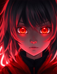 Anime girl with glowing eyes and a red light on her face. Generative AI.
