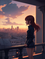 A girl on a balcony looking out a city. Generative AI.