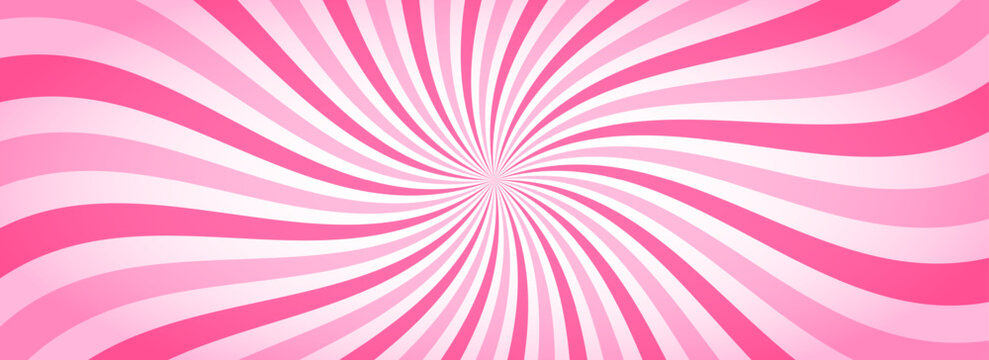 Candy color sunburst wallpaper. Abstract pink cream sunbeams design background. Spinning lines for template, banner, poster, flyer. Sweet rotating cartoon swirl or whirlpool. Vector backdrop